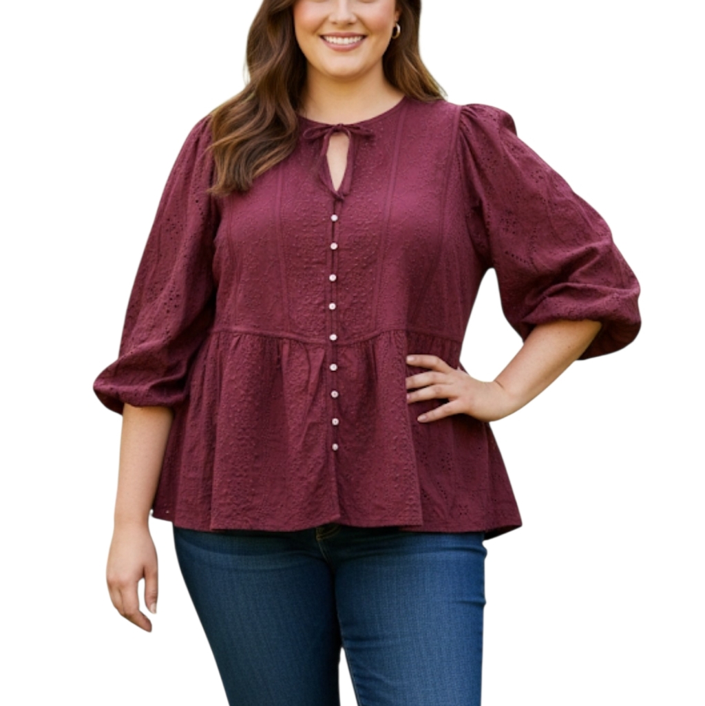 Old Navy Blouse Women Plus Size Xxl Red Eyelet Long Sleeve Button Up Peasant Top
